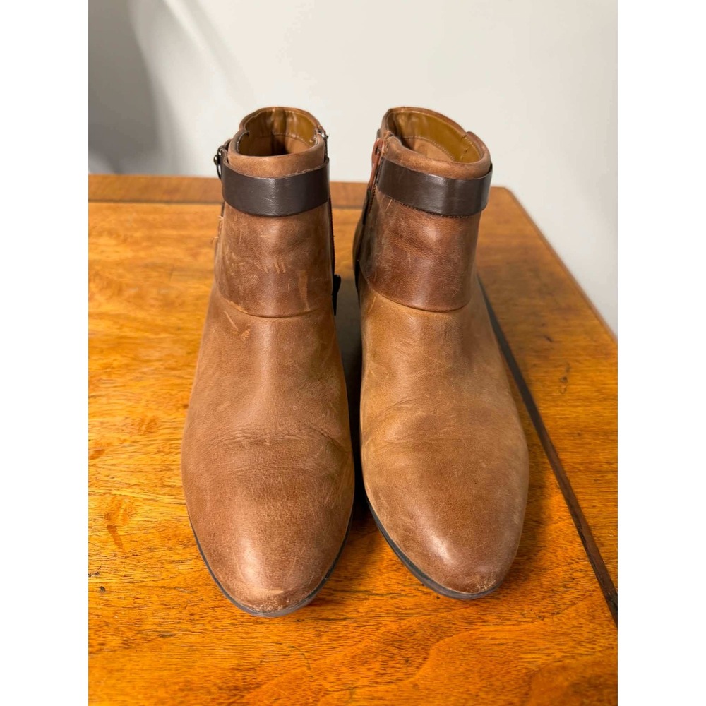 Clarks Womens 7.5 Brown Leather Ankle Boots Strapped Block Heel Booties